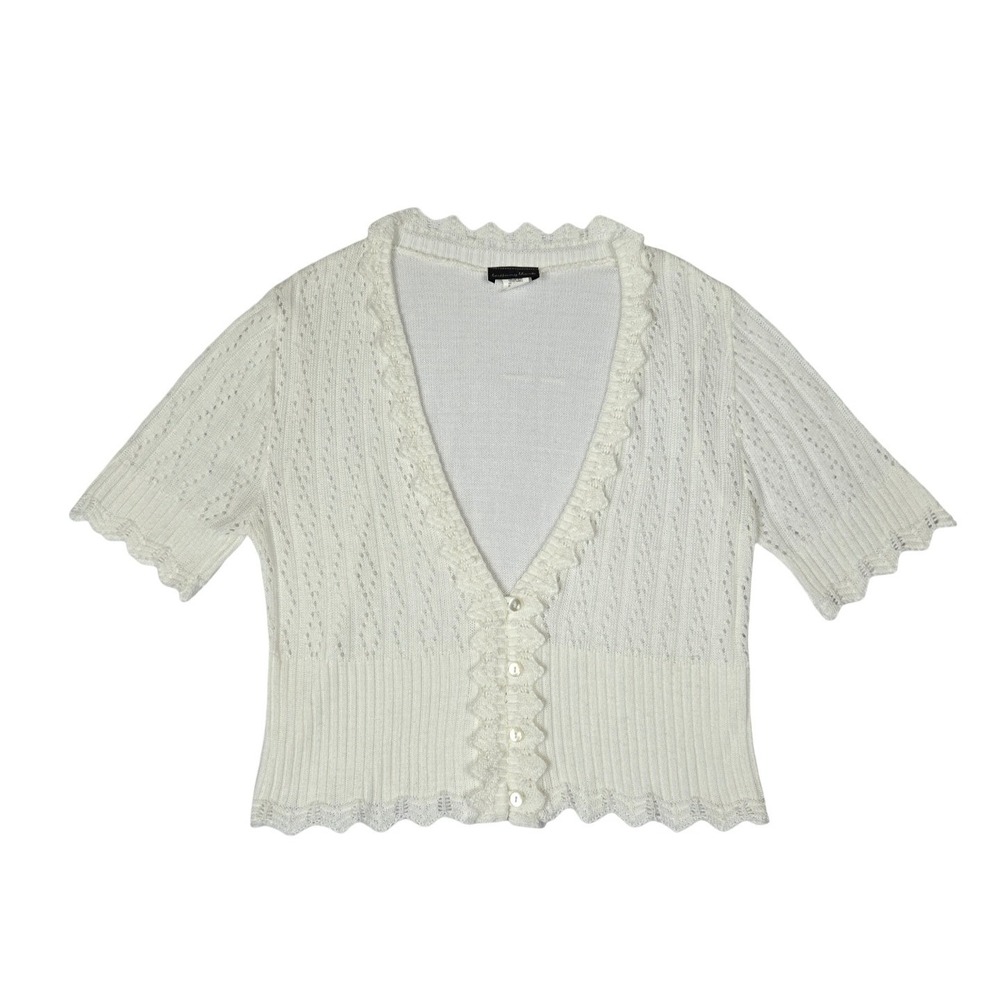 VTG Y2K White Knit Boho Cardigan/ LG Brittany Black Scallop Trim Coquette